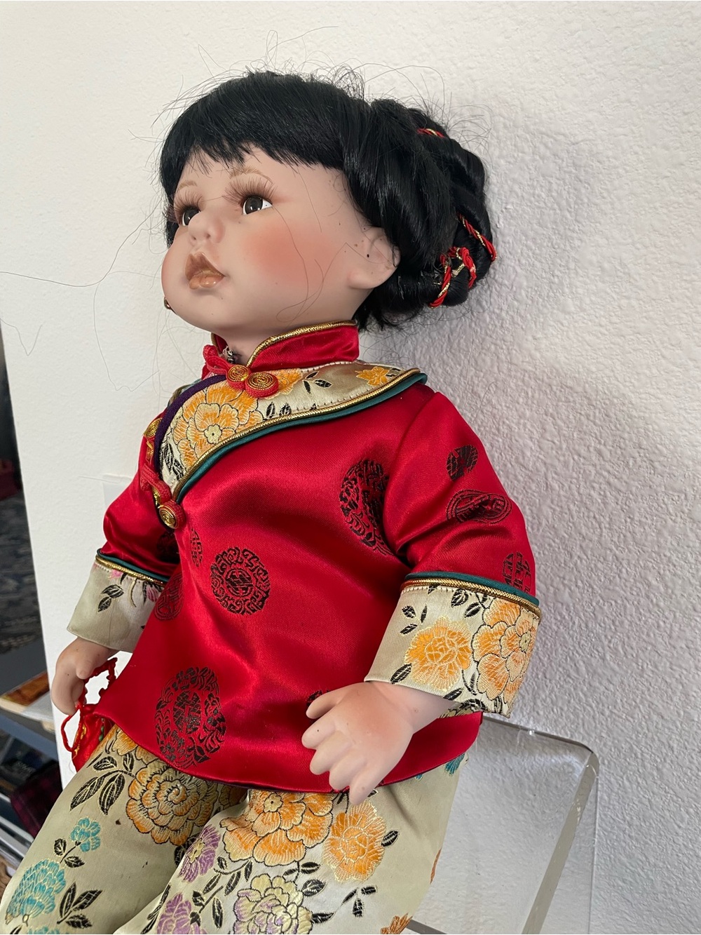 Red Asian-Inspired Collectible Porcelain/stuffed Doll, 18” Not a toy)